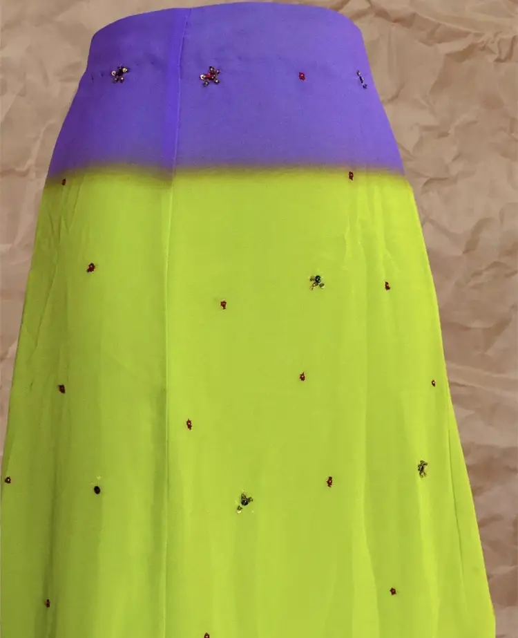 Handmade Vintage Purple Lime Green Ombre Gold Beaded Trim Full Length Maxi Skirt