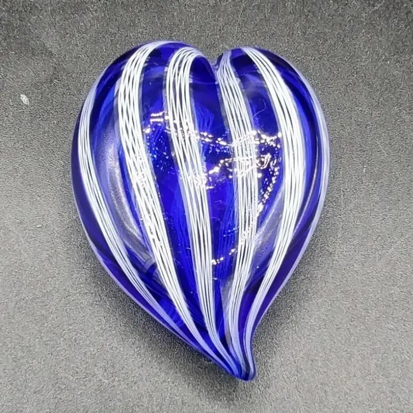 Murano Blown Glass Blue And White Striped Heart Art Glass