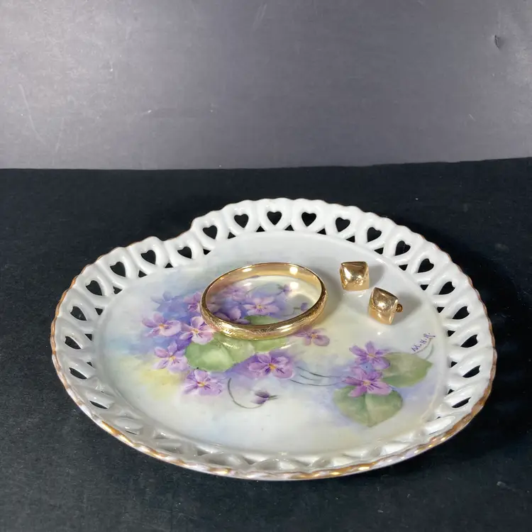 Vintage Heart Shaped Ceramic Tray or Hanging Plate. Hand Painted & Signed.