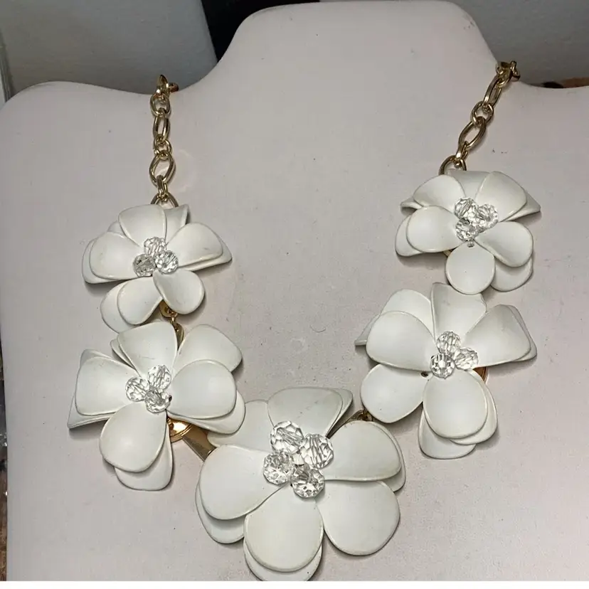 J Crew White Statement Necklace With Crystals - 24” Very Pretty