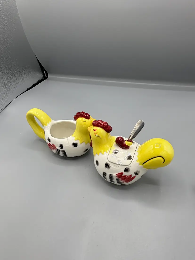Vintage ceramic Rooster & Hen Cream & Sugar