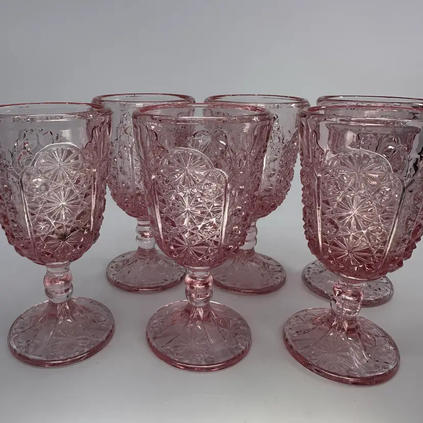 LG Wright Pink Glass Daisy And Button 5” Wine Cordial Sherry Goblet Set/6