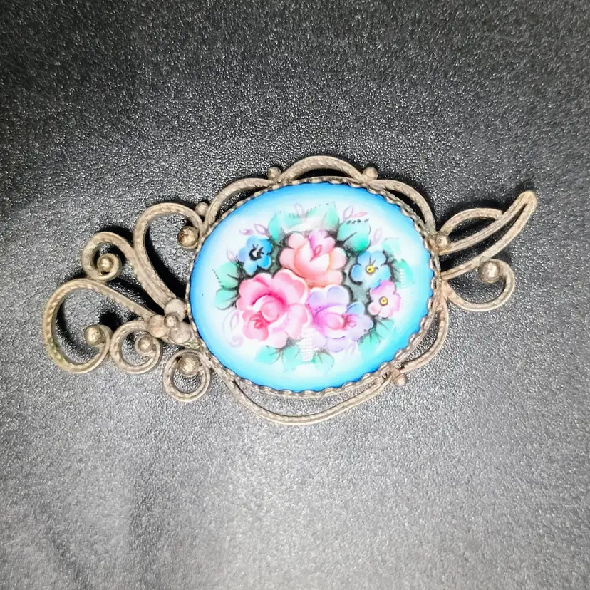 Antique Hand Painted Soviet Finift Rostov Enamel Flowers Silver Filigree Brooch