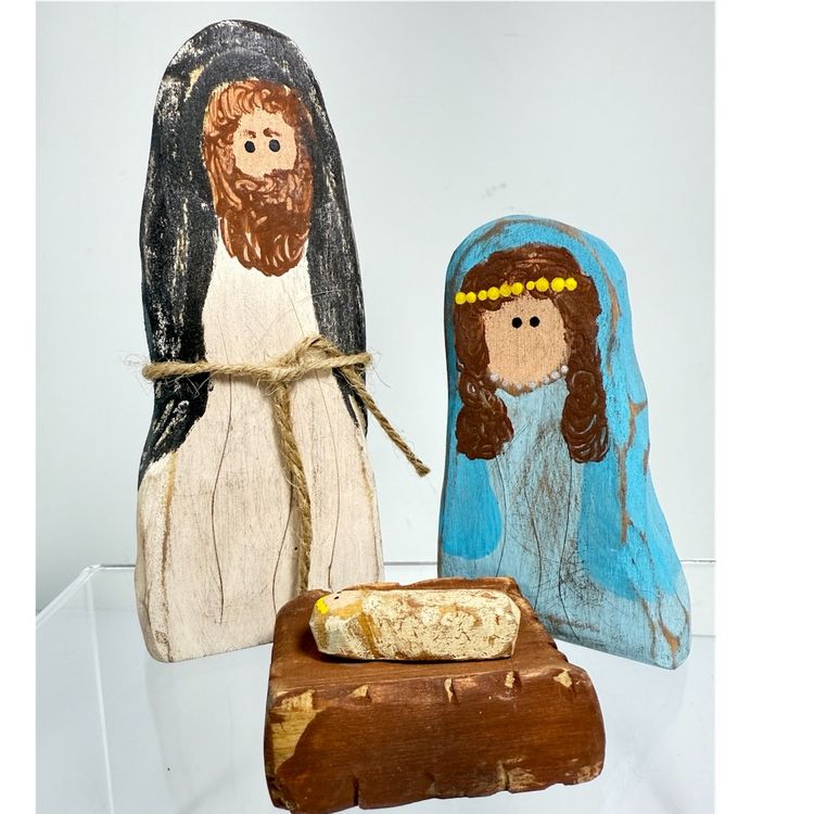 Wood Hand Crafted and Painted Holy Family Nativity Primitive Folk Art Rustic 5"