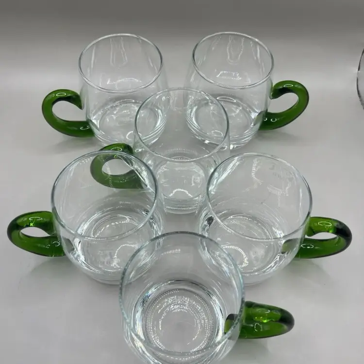 Blown Glass Wine Mugs with Applied Green Glass Handles Set of 6 0.25 Liters Deru 3.5”