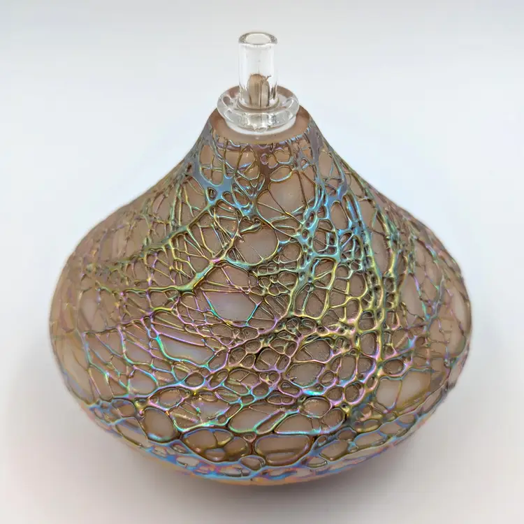 Signed Stuart Abelman Art Glass Threaded Iridescent Vase Oil Lamp
