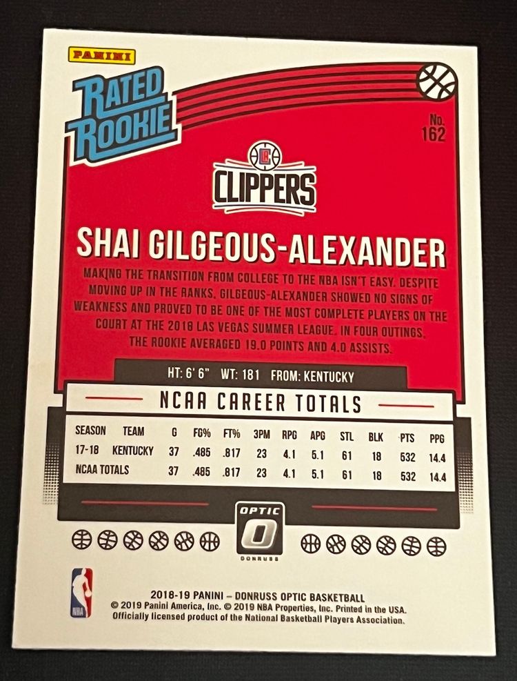 Shai Gilgeous-Alexander 2018-19 Panini Donruss Optic Rated Rookie RC #162 Oklahoma City Thunder