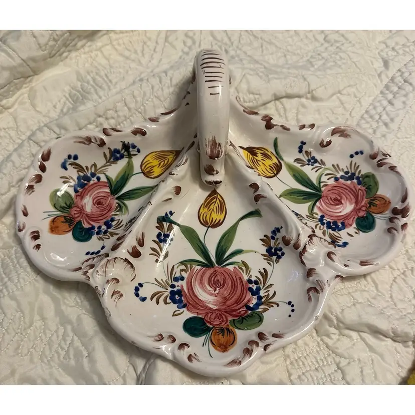 Italian Floral Candy Dish - Hand Painted Dish - Floral Design - Vintage Candy Dish - Marked Italy