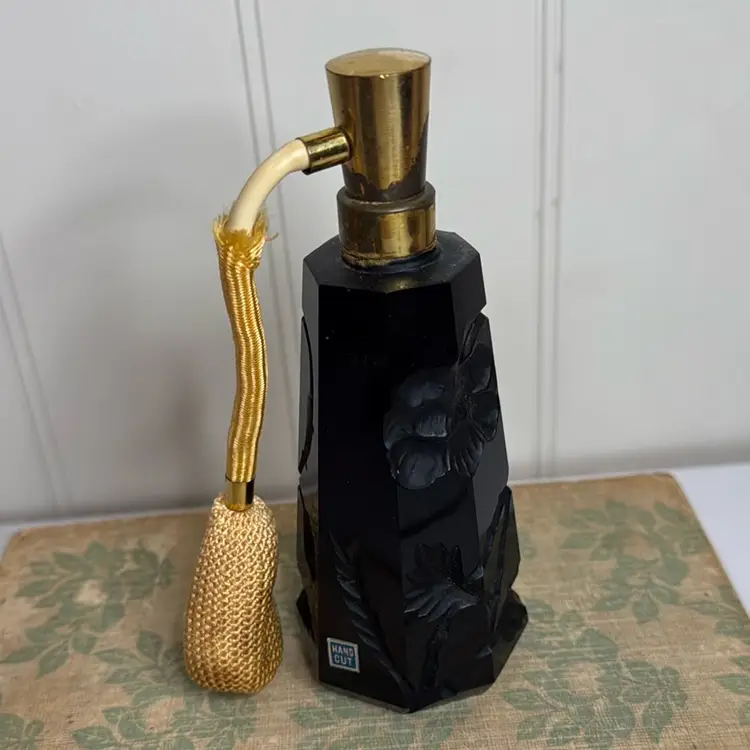 Bohemian Czech deep-carved black art glass perfume bottle