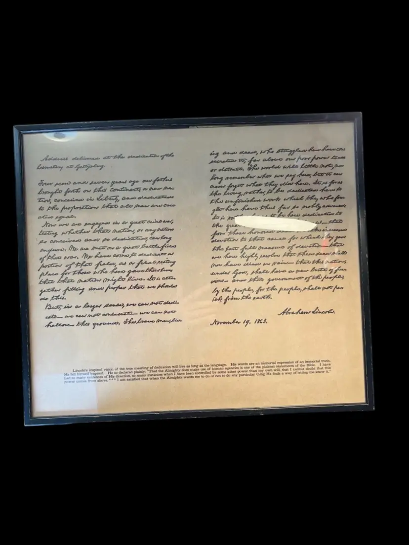 Reproduction-Abraham Lincoln's Gettysburg Address-Framed-READ see Pics