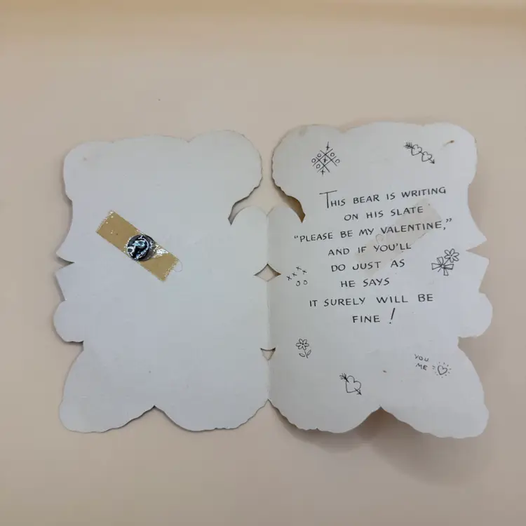 $1 Special Boudoir Train - Vintage Valentine Button Nose Teddy Die Cut Card - Unused