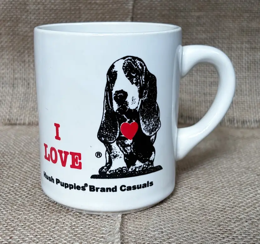 Vintage Hush Puppies Coffee Mug Cup Basset Hound Dog Brand Advertisement Cute