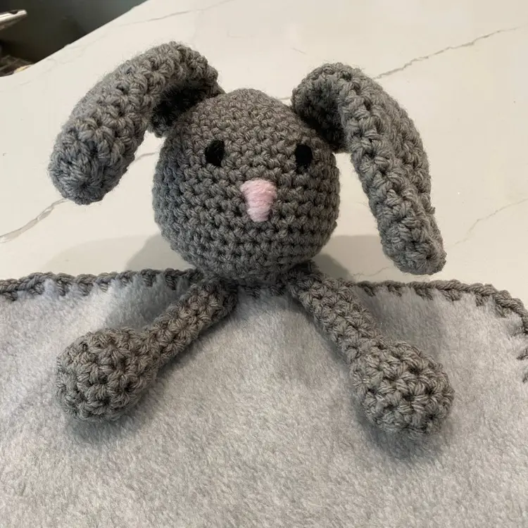 Crochet Amigurumi Gray Bunny Fleece Lovey Snuggler Huggable Stuffed Toy