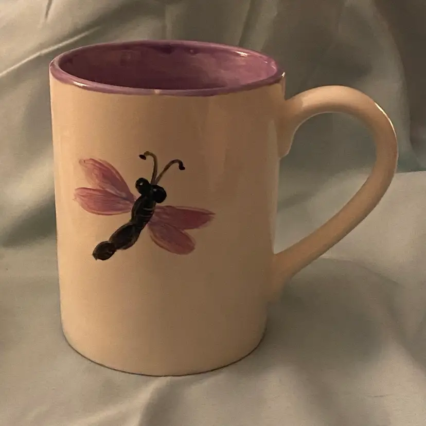 Handmade Ceramic Large Coffee Cup Mug White With Purple Dragonfly 5” H Tall