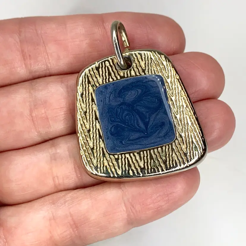 Vintage 90s Weekenders Navy Blue Swirl Enamel Gold Wash Tone Square Pendant
