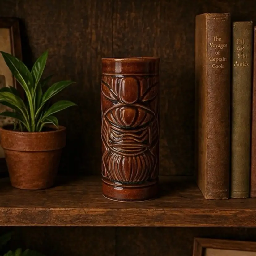 Brown Libbey Hawaiian Tall Tiki Mug Tall Ceramic Tumbler Summer Bar Decor
