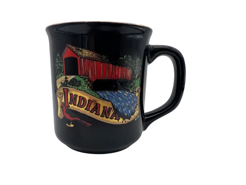 Vintage Indiana Covered Bridge Cardinal Lipco Mug Black Gold Accent Souvenir Coffee Cup 3.5" Tall