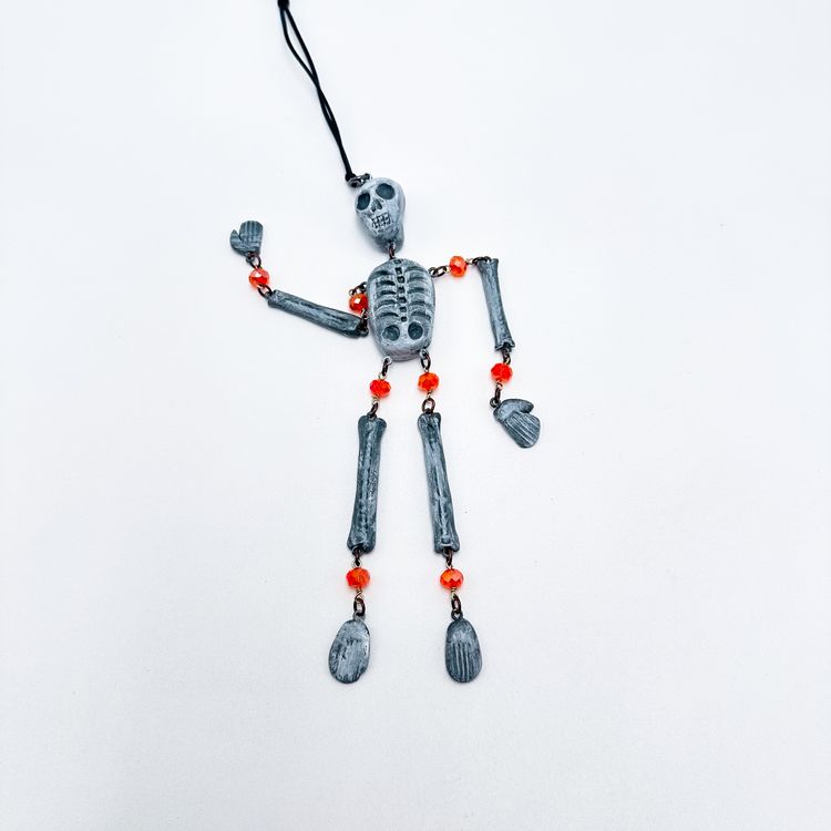 Articulated Skeleton Ornament Handmade Round Orange Beaded Air Dry Clay Signed 7"L