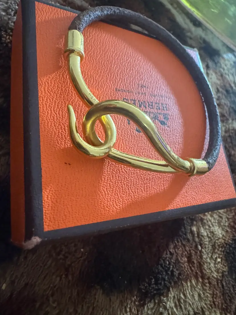 Authentic HERMES Jumbo H Bracelet Leather Brown & Gold w Original Box