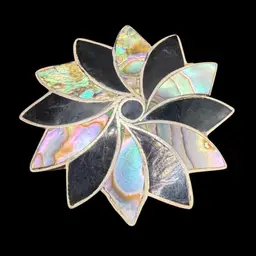 Taxco Mexico Sterling Silver Abalone and Onyx Inlay Pinwheel Flower Brooch or Pendant