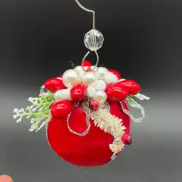 VTG Satin Red Ornament - Upcycled Pearls, Vintage Bottle Brush & Berries - Handmade By Me