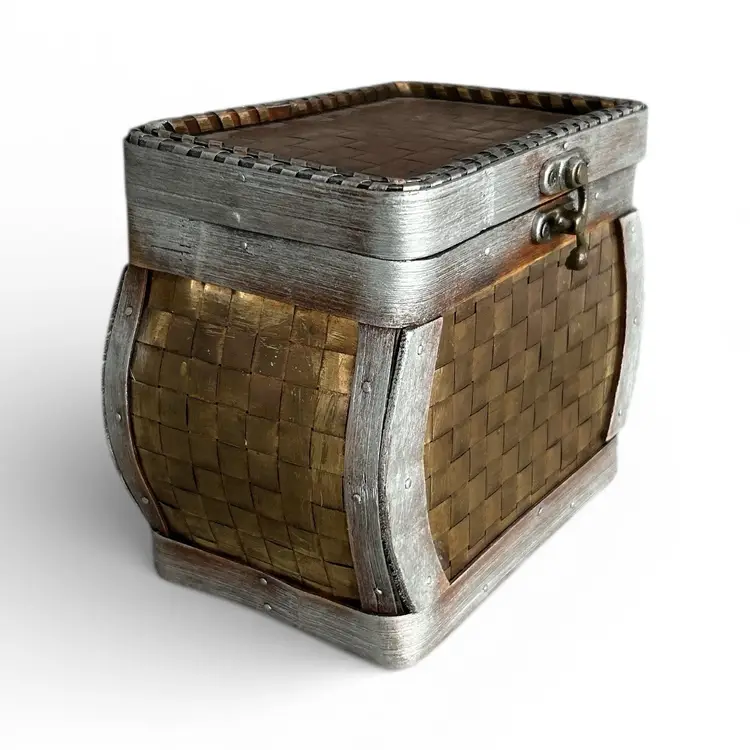Vintage Bombay Style Woven Wicker Storage Box Gold And Silver Tone W/Metal Closure Hinged Lid