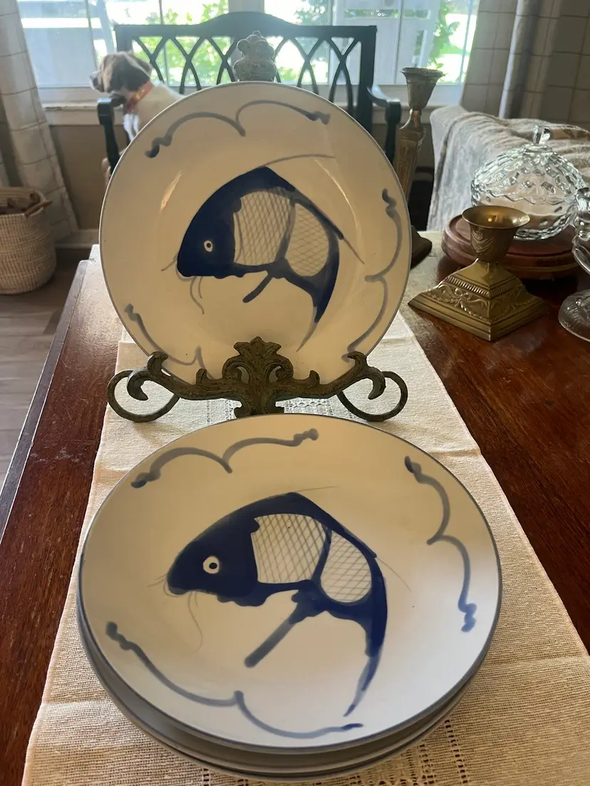 Vintage Blue and White Hand painted Koi Plates