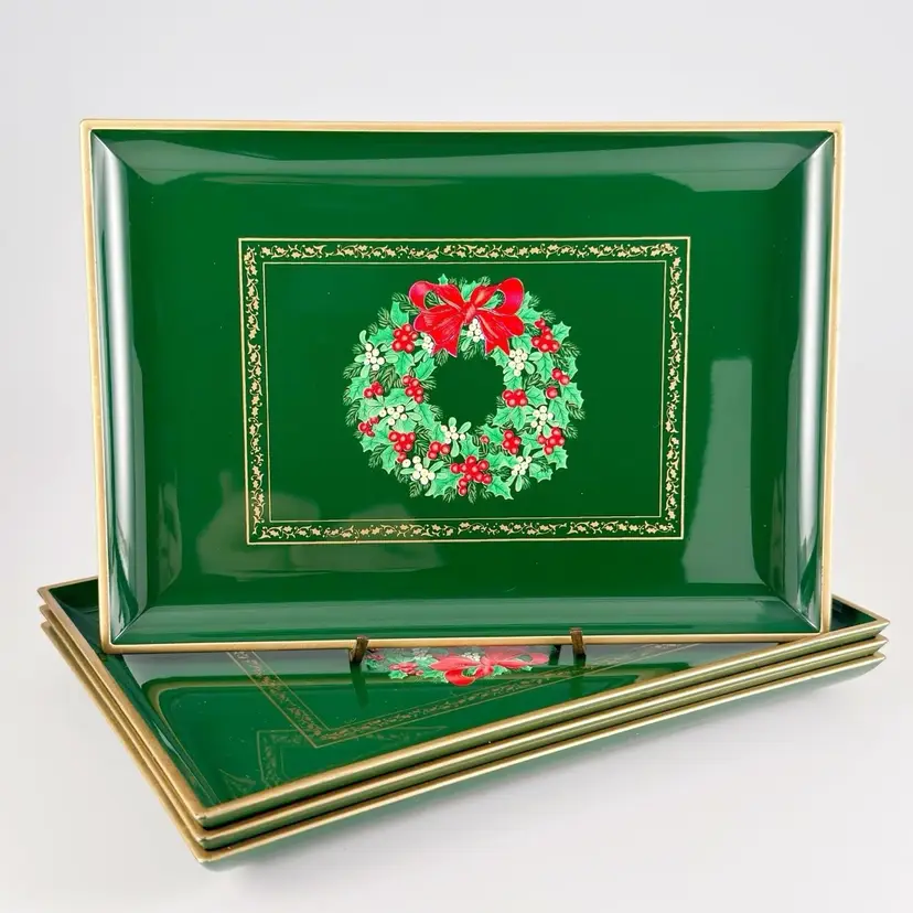 4 Otagiri Lacquerware Christmas Wreath Snack Trays Green Red Gold Japan Vintage