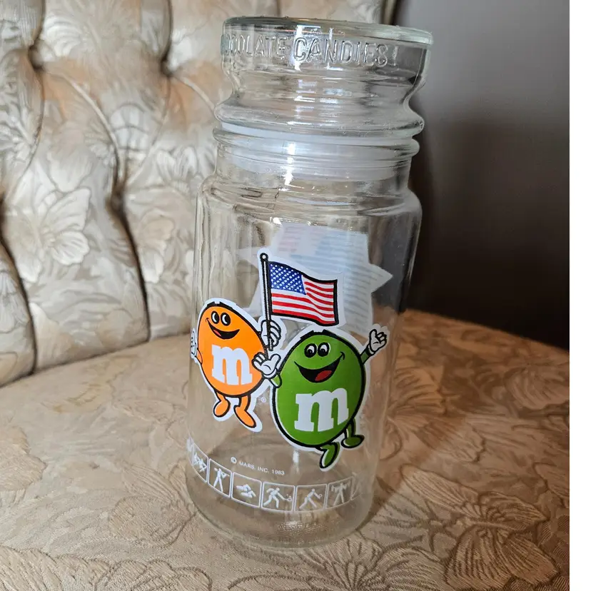 Vintage 1984 L.A. Olympics M&Ms Glass Candy Jar with Lid