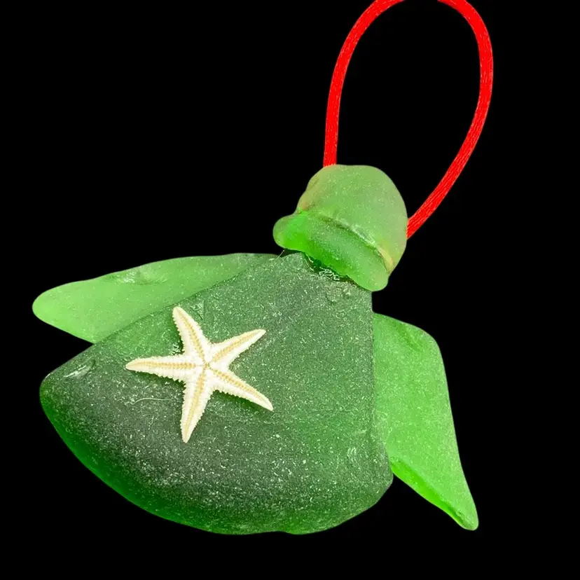 Green Sea Glass Christmas Ornament Angel 2.75” Galveston Texas Beach Glass