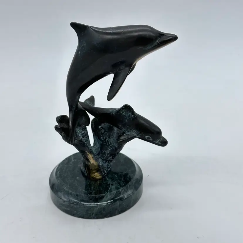 Brass Jumping Dolphin With Baby SPI Vintage Figurine On Green Marble Base