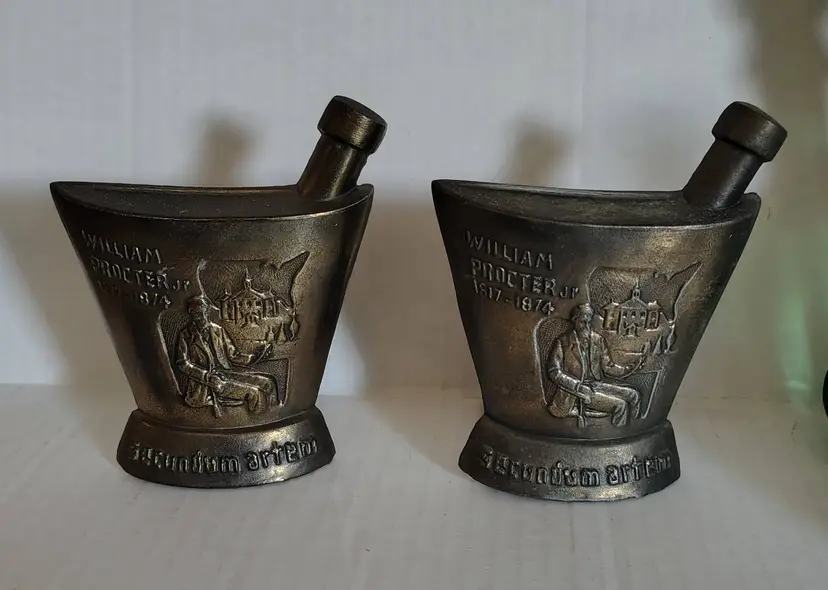 Vintage 1960s William Procter Jr. Secundum Artem Bookends, Mortar & Pestle, Pharmacy