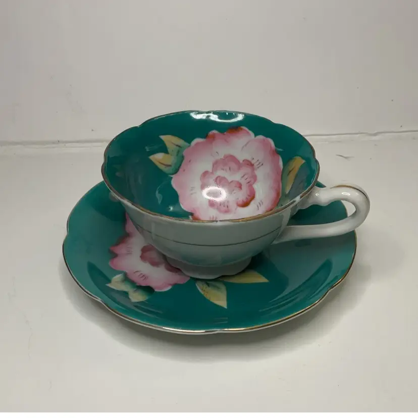Green W Pink Flower Teacup
