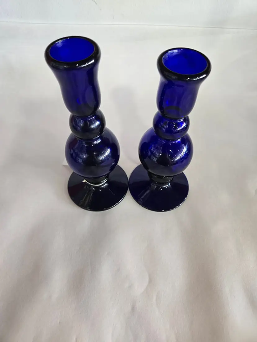 Vintage Blue Bristol Cobalt Glass Candlesticks
