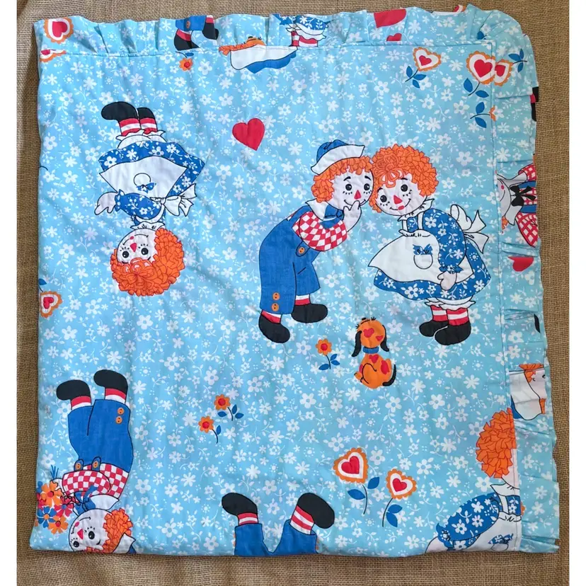 Vintage Blue Floral Raggedy Ann And Andy Quilt Coverlet Handmade Nostalgia