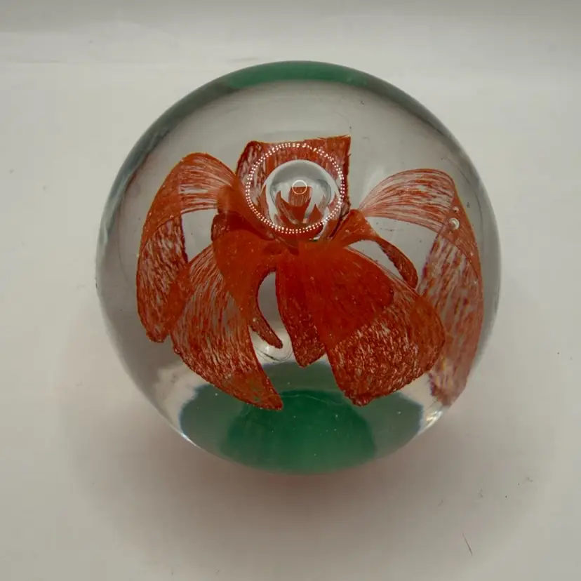 Blooming Orange Mist Flower Controlled Bubble Art Glass Paperweight 2.5”