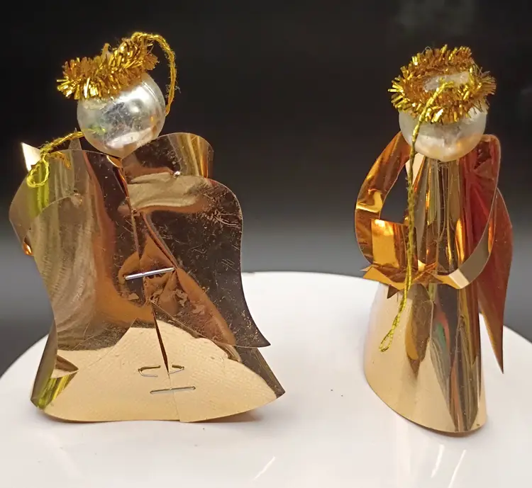 Vintage Copper Tone Foil Choir Angels with Pearl Head and Tinsel Halo Ornaments