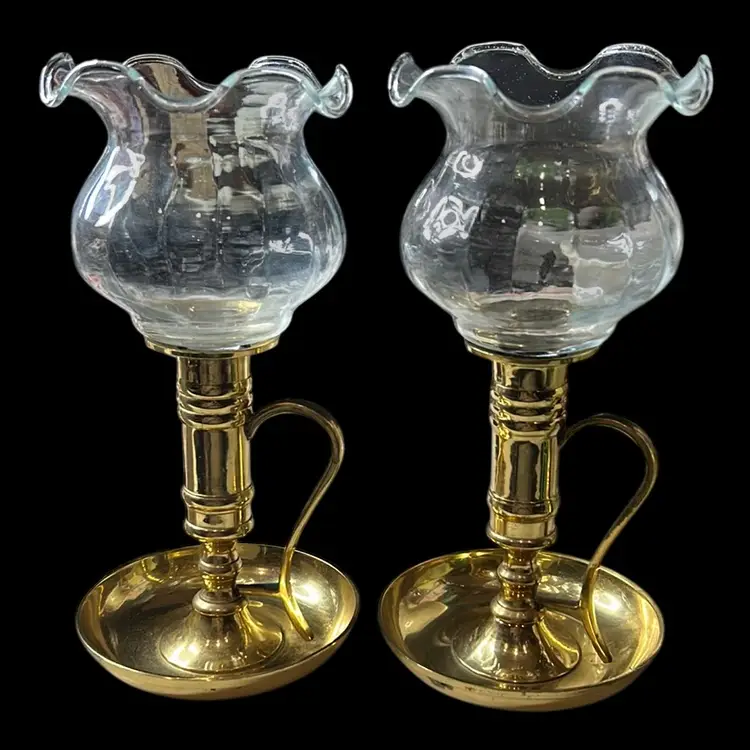 Early Bird Special - Vintage Brass Hurricane Candle Holders - Set Of Two: 3.75”x7.75”x3.75” each