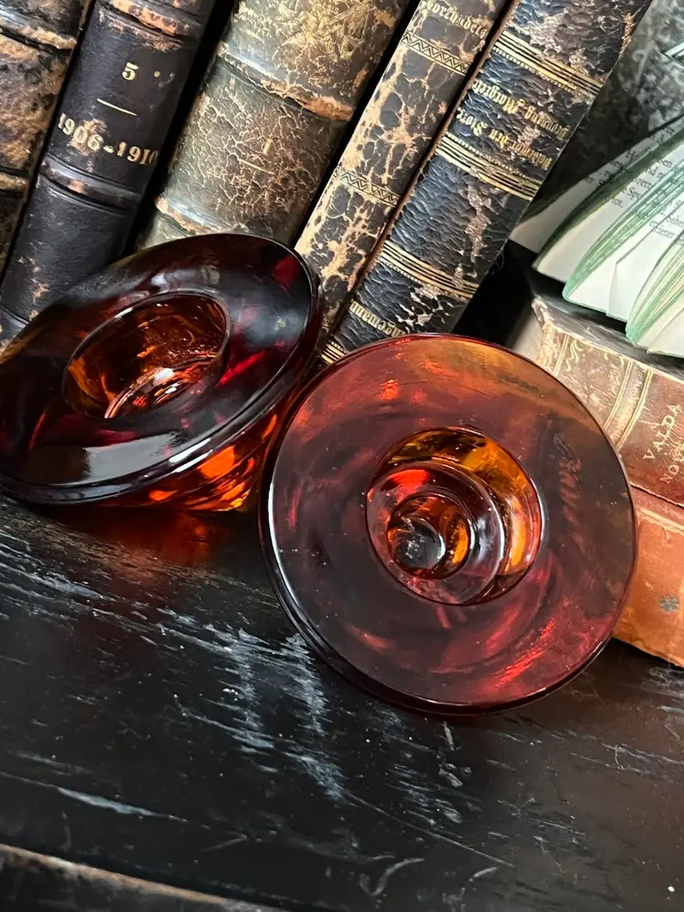 Vintage Glass Candle Holders. Set of Two Beautiful Honey Amber Color