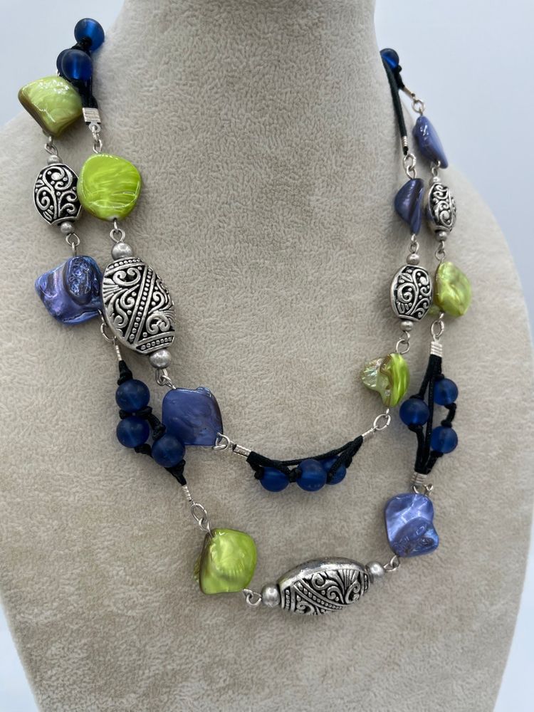 Coldwater Creek Silver Tone Metal Bead Purple Green Necklace