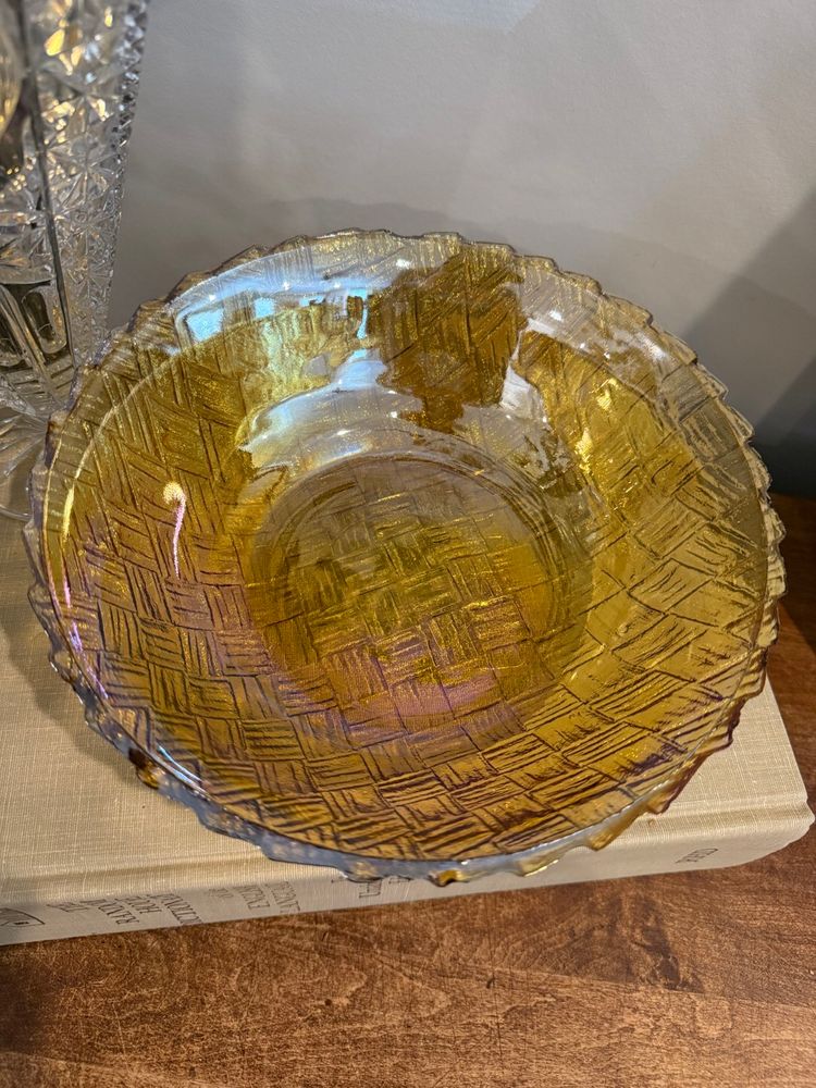 Indiana Carnival Glass Basket Weave Pattern Large Gold Bowl Irridescent