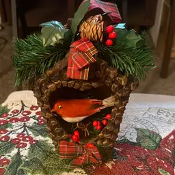 Vintage Large Pine Cone BIRD HOUSE w/ Red Cardinals Holly Berries Greenery Diorama Hong Kong 3-D Christmas Holiday Decoration