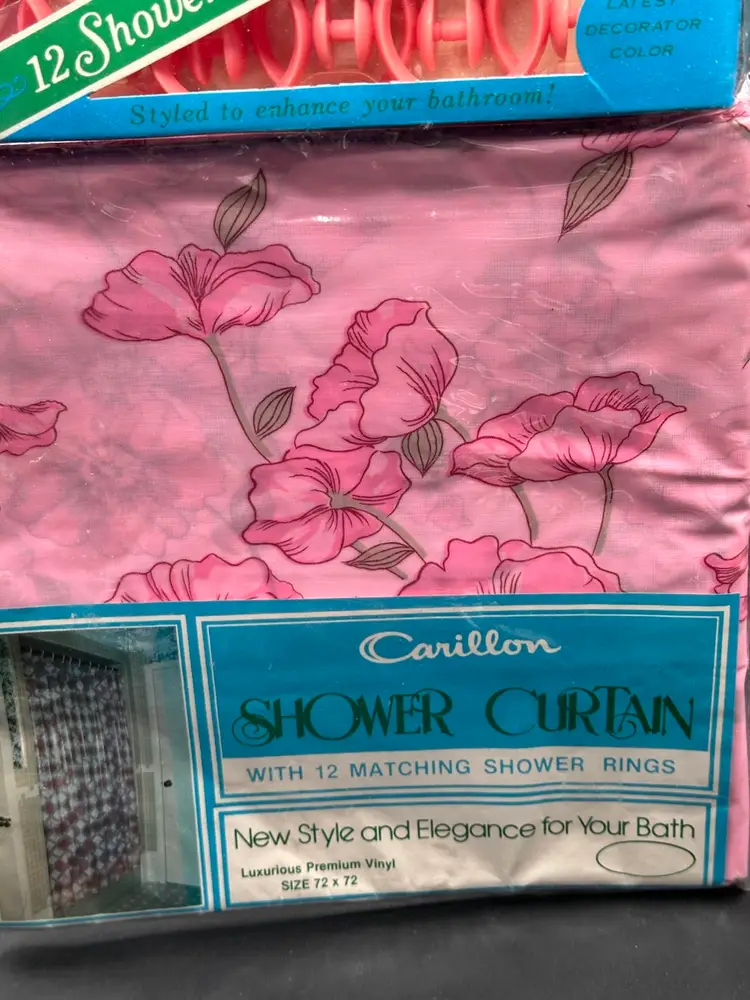 Carillon Shower Curtain Vtg 1970s Pink White Floral Vinyl Rings