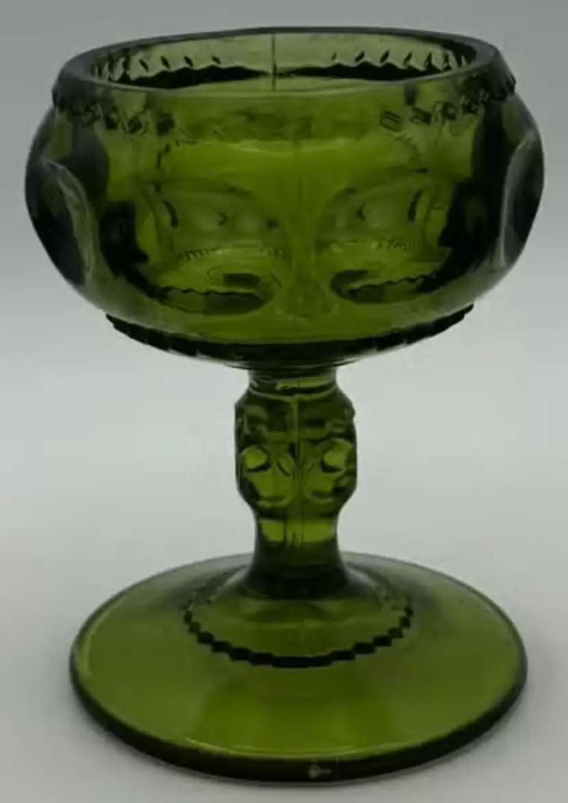 Vintage Indiana Green Glass Pedestal Goblet – King’s Crown Thumbprint (4”)