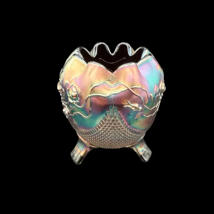 Northwood Amethyst Fine Cut & Roses Variant Carnival Glass RoseBowl Antique