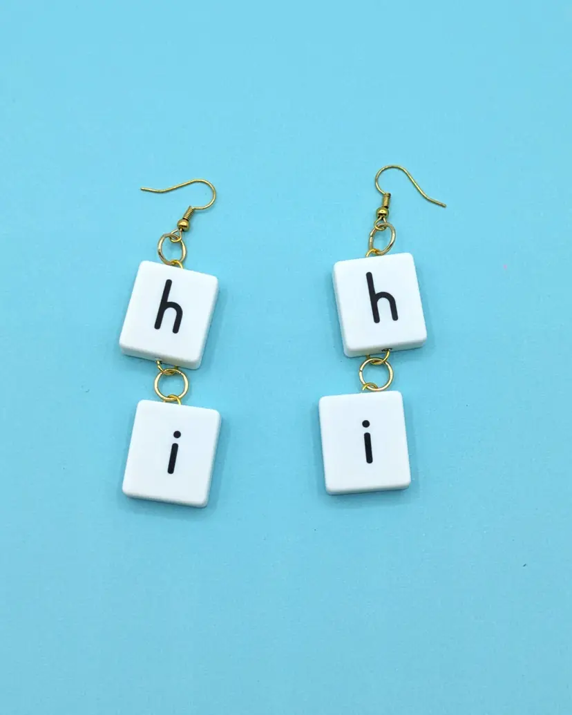 Quirky Tile "Hi" Letter Chain Dangling Earrings