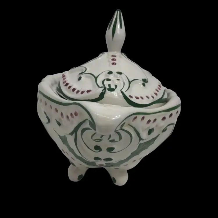 RCCL Portugal Hand Painted Holly Pine Lidded Serving Ceramic Dish Holiday Signed 227 ME