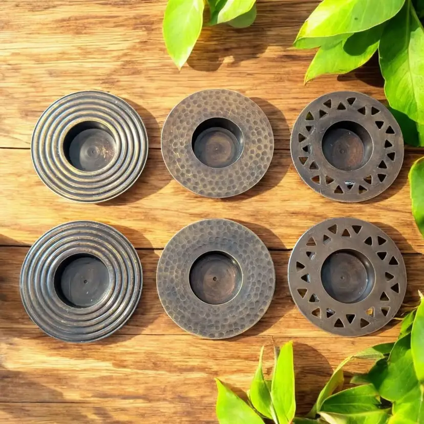 Unique set of 6 vintage brass and glass tea light candle holders