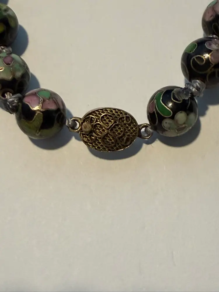 Vintage Cloisonné Black Glass Beaded Necklace 24” Knotted Between The Beads