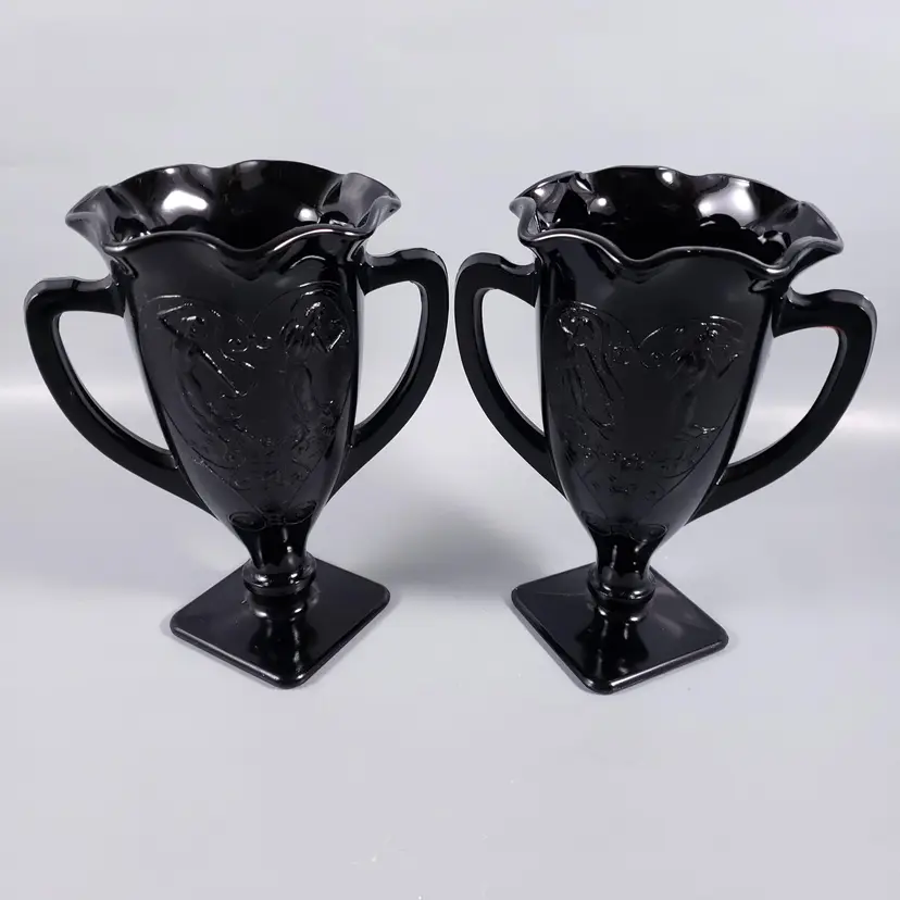 Vintage LE Smith Black Amethyst  Double Handle Glass Urn Vase Dancing Nymphs Set